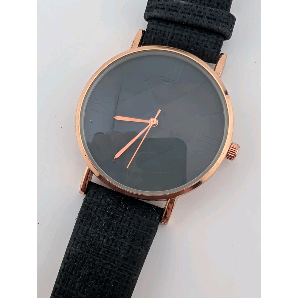 Women's Quartz Watch 36mm Rose Gold Case Black Faux Leather Band- New Battery